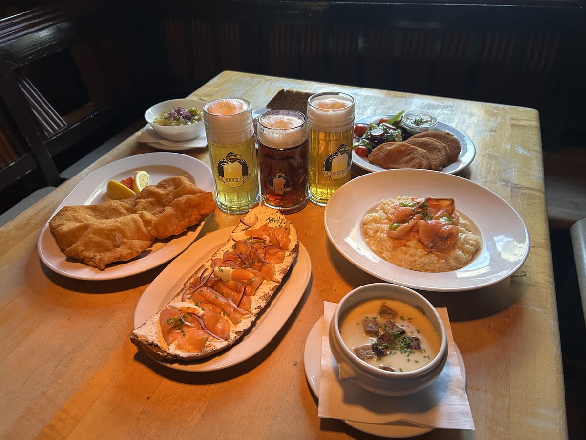 Austrian food at Fischerbräu – Käsespätzle with fried onions and fresh salad