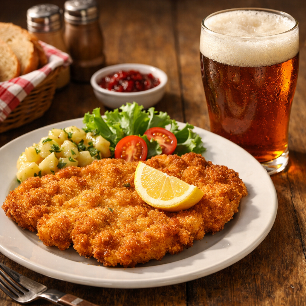 Austrian food with beer – traditional dish and lager in Vienna